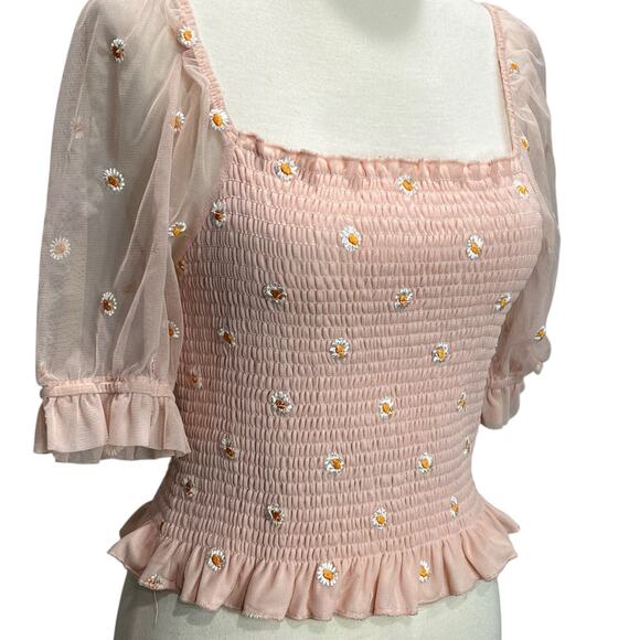 Altar'd State Crop Top Womens M Pink Embroidered Daisy Smocked Ruffle Coquette - Picture 2 of 11